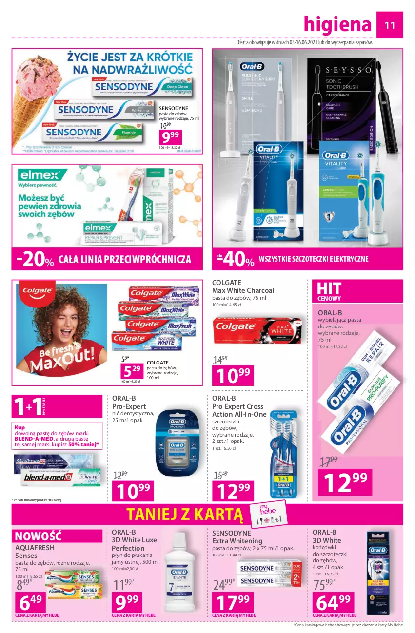 Gazetka promocyjna Hebe - Zdrowie i piękno - ważna 03.06 do 16.06.2021 - strona 11 - produkty: Aquafresh, Blend-a-Med, Colgate, Końcówki do szczoteczk, LG, Nić dentystyczna, Pasta do zębów, Płyn do płukania, Płyn do płukania jamy ustnej, Senses, Sensodyne