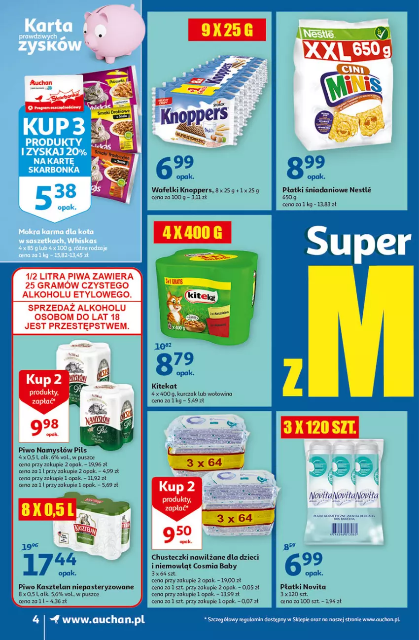 Gazetka promocyjna Auchan - Superoszczędzanie w wersji Maxi Paki Supermarkety - ważna 16.09 do 22.09.2021 - strona 4 - produkty: Chusteczki, Danio, Dzieci, Fa, Gra, Kasztelan, KiteKat, Knoppers, Kurczak, Namysłów, Piwa, Piwo, Wołowina