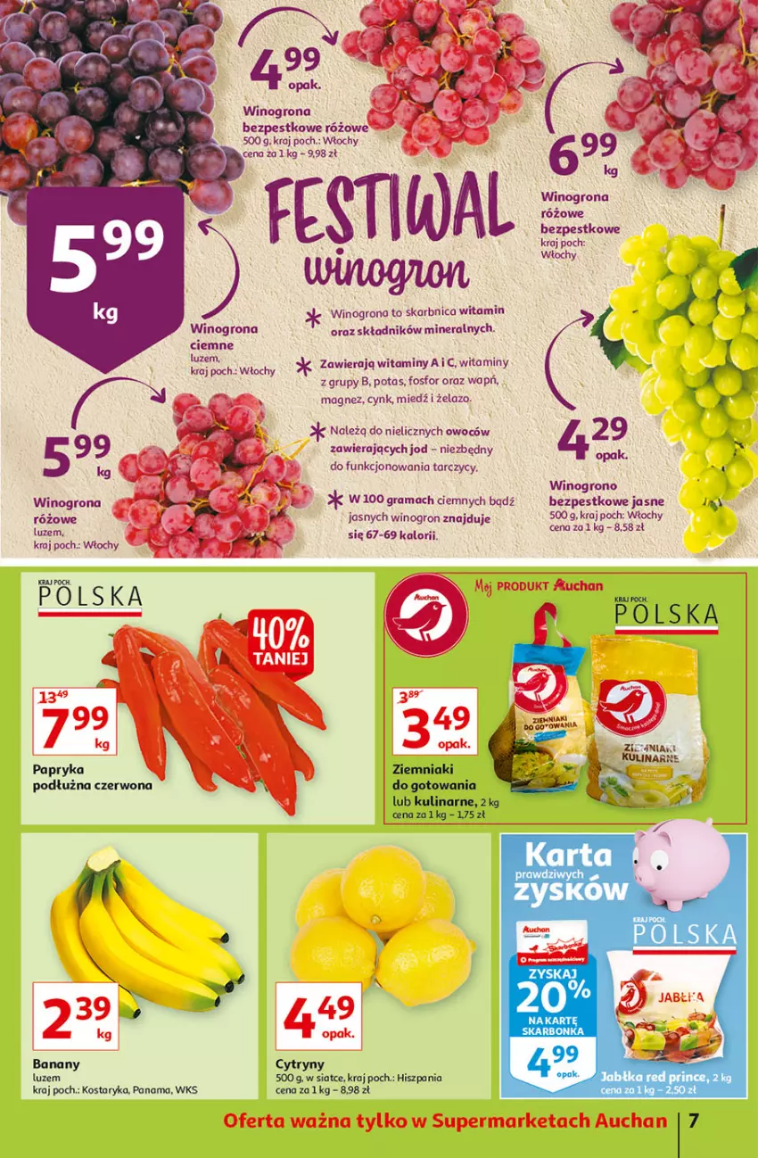 Gazetka promocyjna Auchan - Superoszczędzanie w wersji Maxi Paki Supermarkety - ważna 16.09 do 22.09.2021 - strona 7 - produkty: Banany, Cynk, Gra, Magnez, Papryka, Rama, Wino, Winogrona, Winogrona bezpestkowe, Ziemniaki