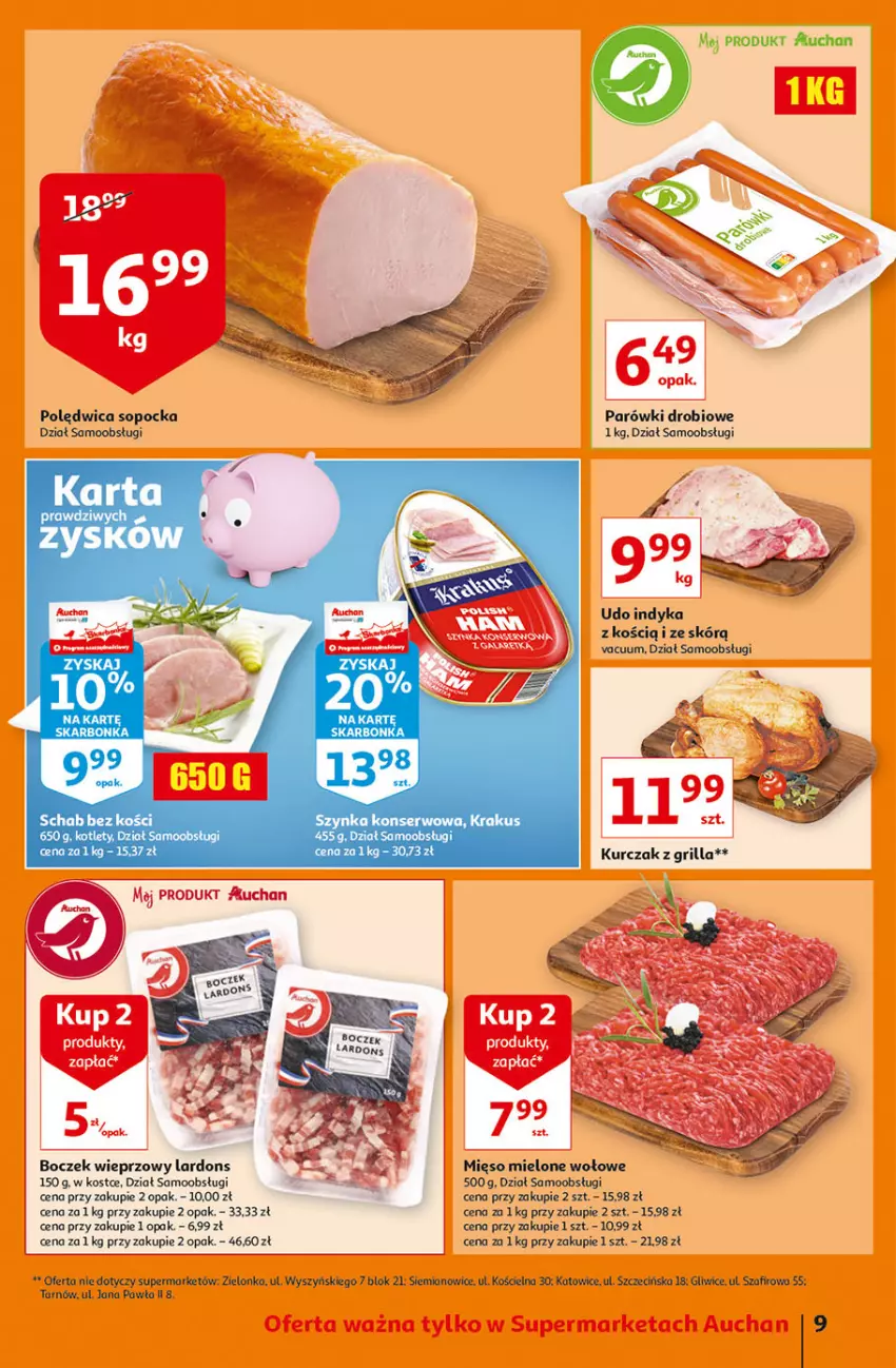 Gazetka promocyjna Auchan - Superoszczędzanie w wersji Maxi Paki Supermarkety - ważna 16.09 do 22.09.2021 - strona 9 - produkty: Boczek, Boczek wieprzowy, Fa, Kotlet, Krakus, Parówki, Polędwica, Por, Ser, Szynka, Szynka konserwowa