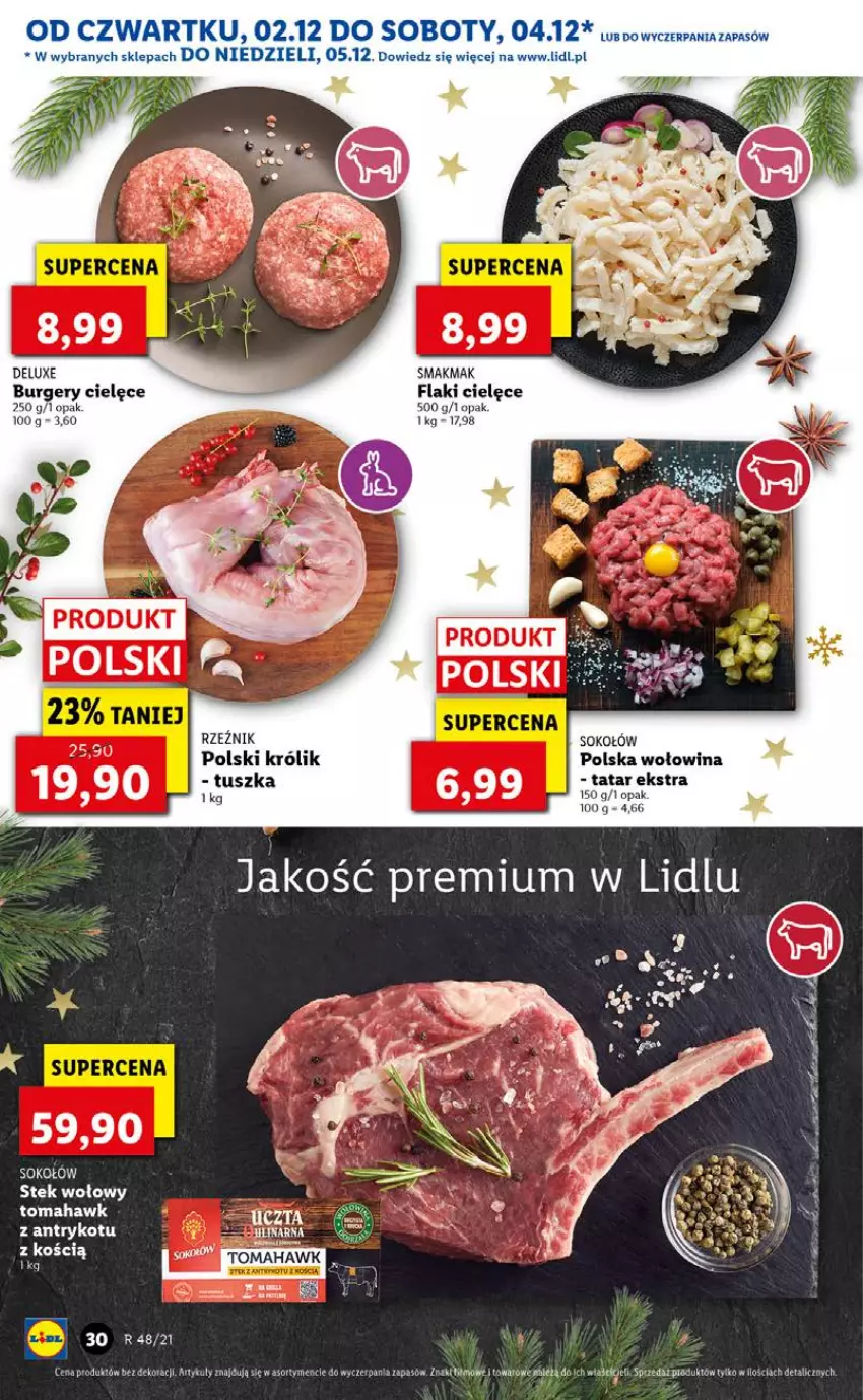 Gazetka promocyjna Lidl - GAZETKA OD 02.12 DO 05.12 - ważna 02.12 do 05.12.2021 - strona 30 - produkty: Burger, Flaki, Królik, LG, Ser, Sok, Sokołów, Stek, Stek wołowy, Tusz, Wołowina