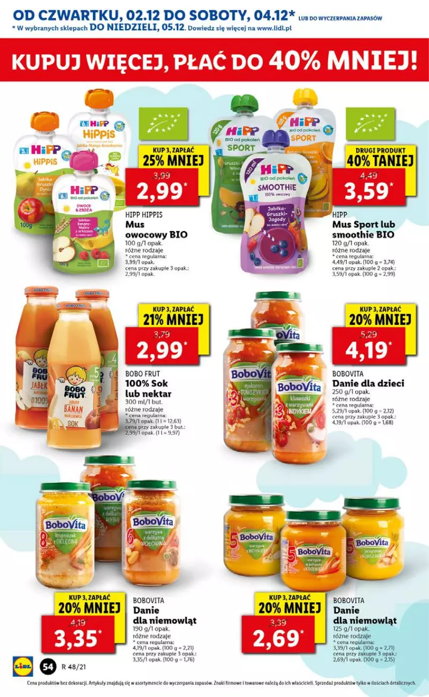 Gazetka promocyjna Lidl - GAZETKA OD 02.12 DO 05.12 - ważna 02.12 do 05.12.2021 - strona 54 - produkty: BoboVita, Danie dla dzieci, Dzieci, HiPP, Mus, Nektar, Por, Smoothie, Sok, Sport