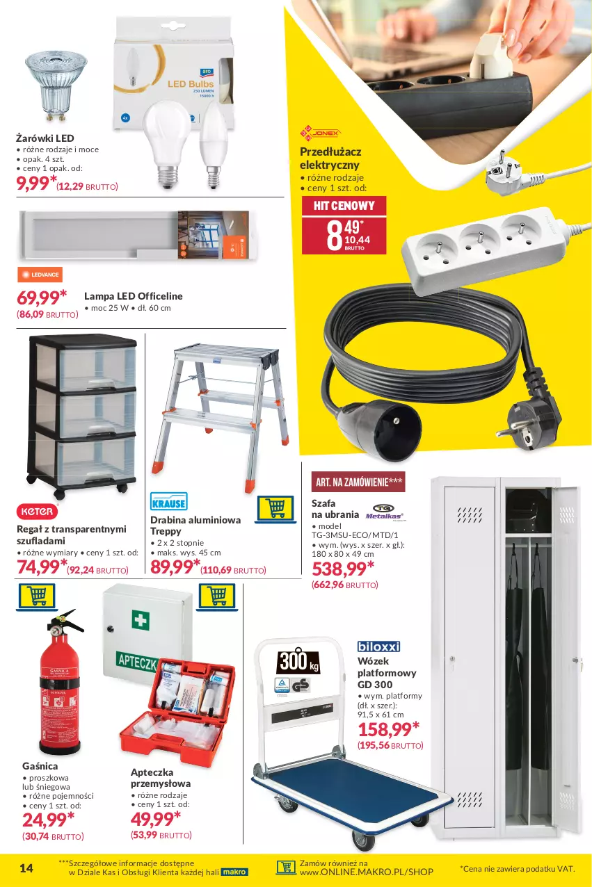 Gazetka promocyjna Makro - [Oferta promocyjna] Twoje Biuro - ważna 06.04 do 19.04.2021 - strona 14 - produkty: Drabina, Fa, Gaśnica, Lampa, Lampa LED, Regał, Szafa, Top, Tran, Ubrania, Wózek