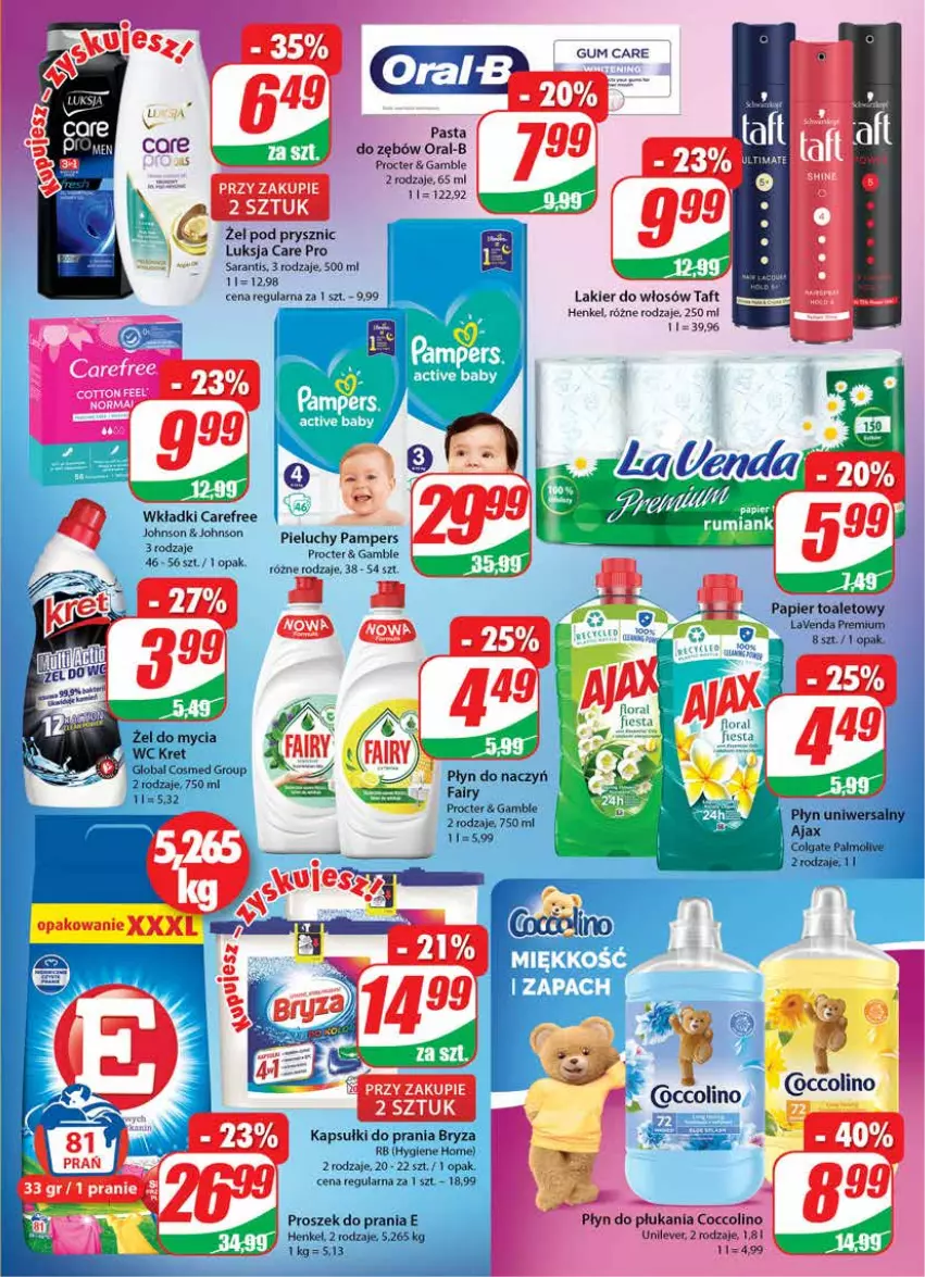 Gazetka promocyjna Dino - Gazetka - ważna 07.07 do 13.07.2021 - strona 19 - produkty: Ajax, Bryza, Carefree, Coccolino, Colgate, Fa, Fairy, Kapsułki do prania, Kret, LG, Luksja, Palmolive, Pampers, Papier, Papier toaletowy, Pieluchy, Płyn do płukania, Proszek do prania, Wkładki