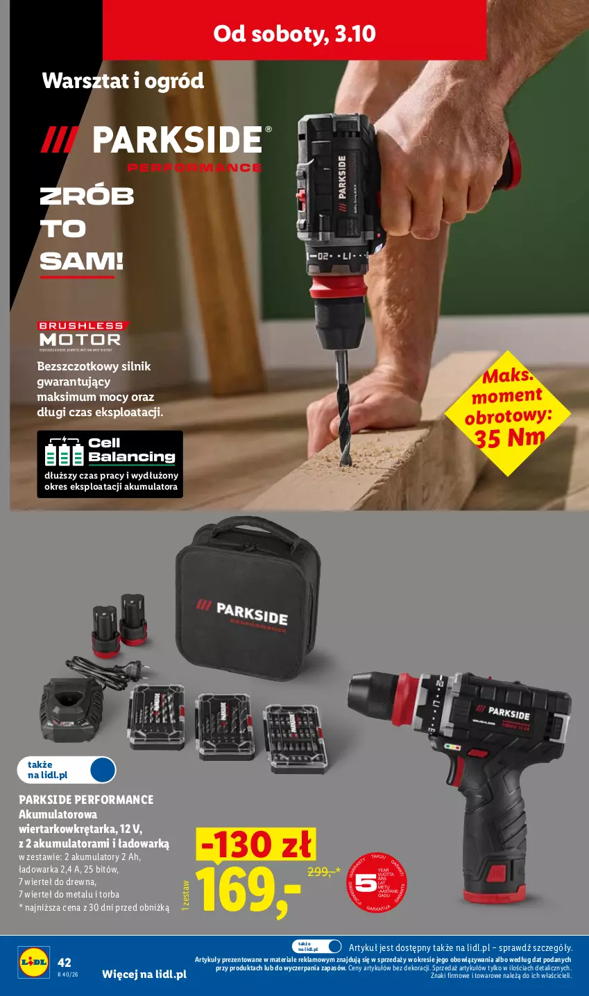 Gazetka promocyjna Lidl - Gazetka ważna od 28.09. do 03.10. - ważna 28.09 do 03.10.2026 - strona 50 - produkty: Akumulator, Akumulatorowa wiertarkowkrętark, Ogród, Parkside, Tarka, Torba, Warka, Wiertarkowkrętarka, Wkręt, Wkrętarka