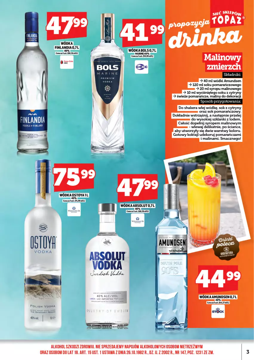 Gazetka promocyjna Topaz - Gazetka - ważna 17.04 do 30.04.2026 - strona 5 - produkty: Absolut, Amundsen, Bols, Coca-Cola, Cytryny, Finlandia, Gra, Lanki, Maliny, Pomarańcze, Sok, Sok pomarańczowy, Syrop, Wódka