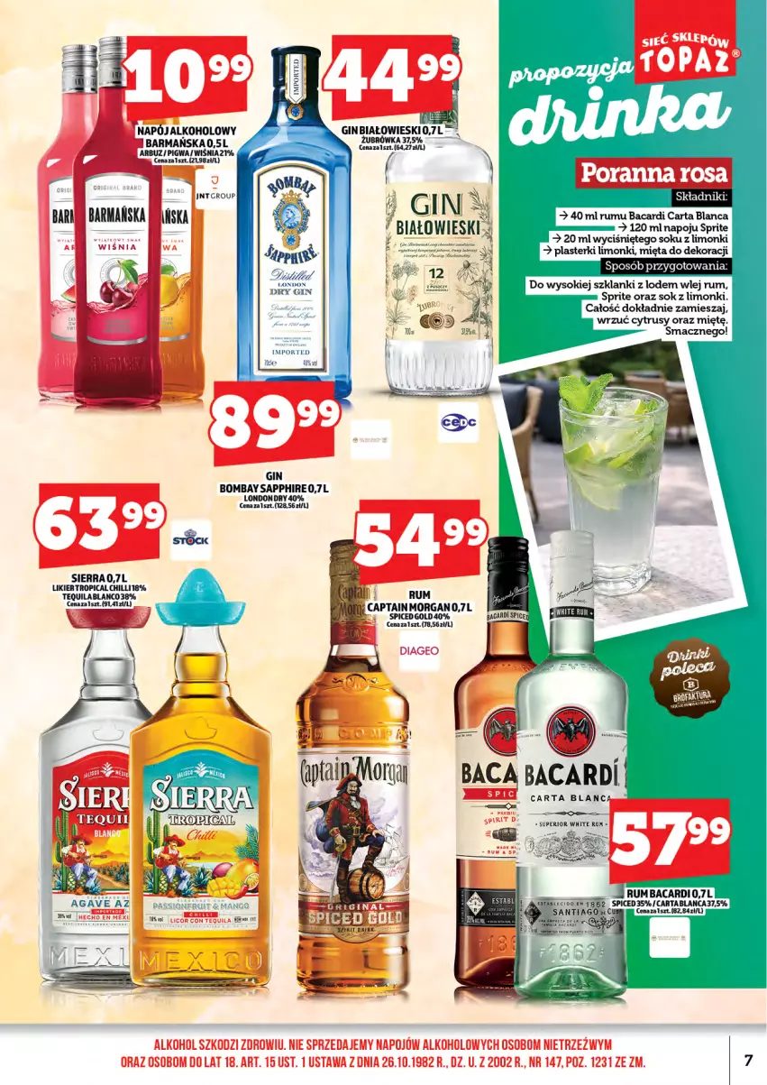 Gazetka promocyjna Topaz - Gazetka - ważna 17.04 do 30.04.2026 - strona 9 - produkty: Bacardi, Gin, Lanki, Likier, Mango, Mięta, Plasterki, Por, Rum, Sok, Sprite, Tequila, Tropical