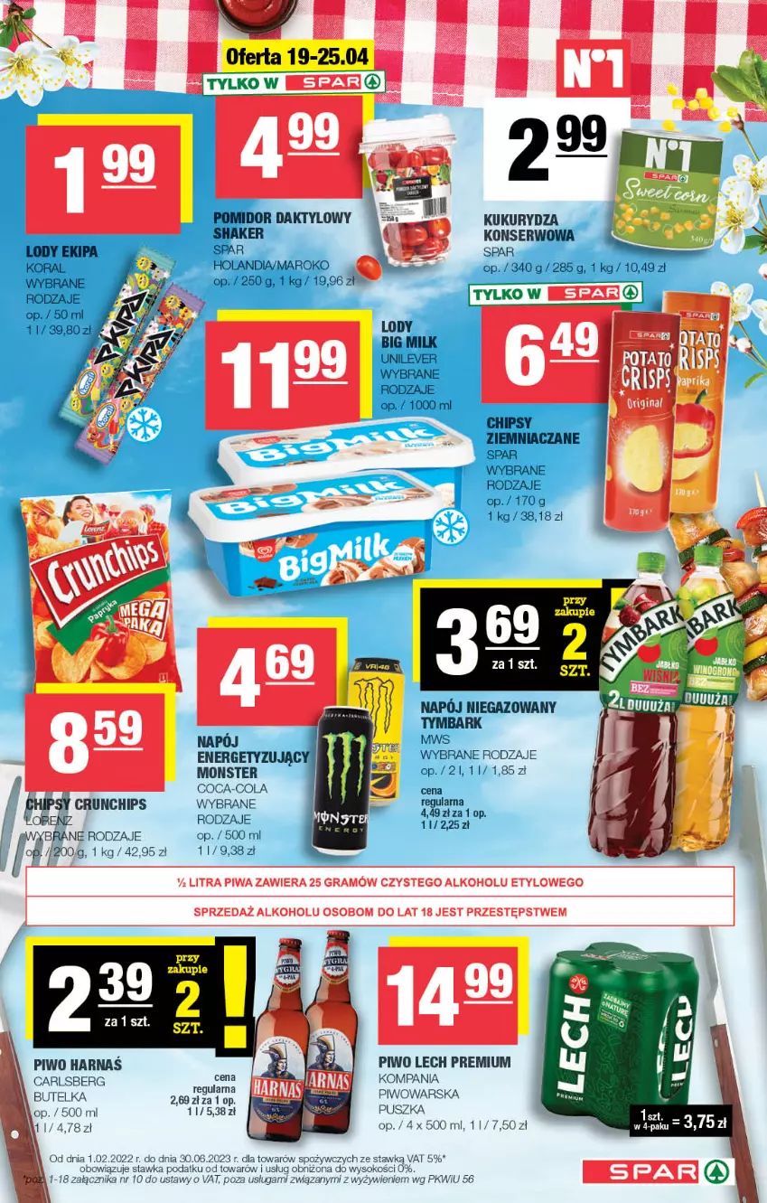 Gazetka promocyjna Spar - Spar - ważna 19.04 do 30.04.2023 - strona 5 - produkty: Carlsberg, Chipsy, Coca-Cola, Gra, Harnaś, Kukurydza, Lech Premium, Piwa, Piwo, Ser, Sok, Tymbark