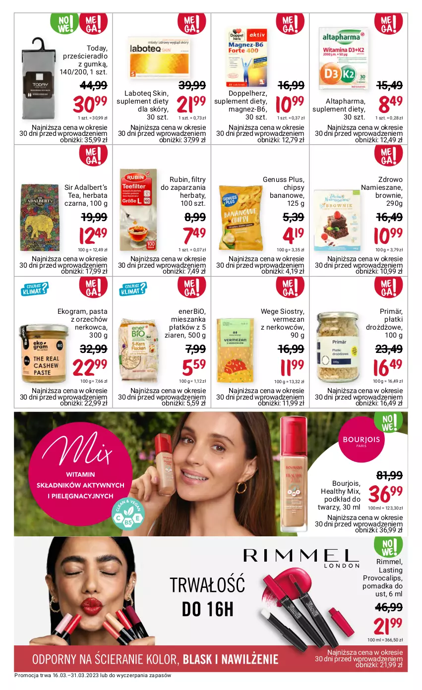 Gazetka promocyjna Rossmann - 16 marca - ważna 16.03 do 31.03.2023 - strona 14 - produkty: Bourjois, Brownie, Chipsy, Doppelherz, Enerbio, Genuss Plus, Gra, Herbata, Herbata czarna, Magnez, Podkład, Podkład do twarzy, Prześcieradło, Rubin, Suplement diety