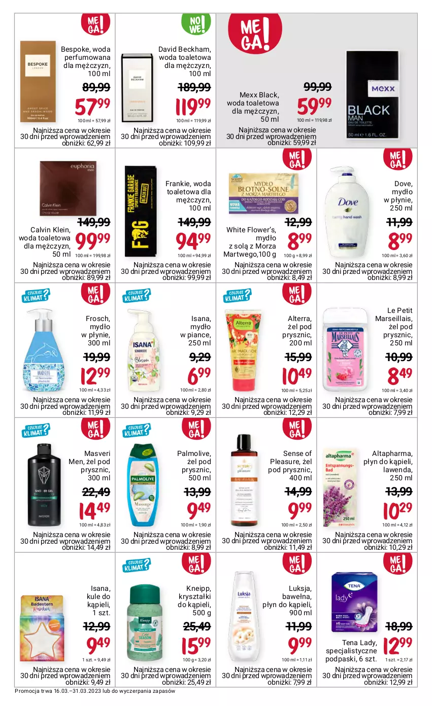 Gazetka promocyjna Rossmann - 16 marca - ważna 16.03 do 31.03.2023 - strona 8 - produkty: Alterra, Calvin Klein, David Beckham, Dove, Frosch, Isana, Kneipp, Lack, Luksja, Mars, Mexx, Mydło, Mydło w płynie, Palmolive, Perfum, Płyn do kąpieli, Podpaski, Wełna, Woda, Woda perfumowana, Woda toaletowa