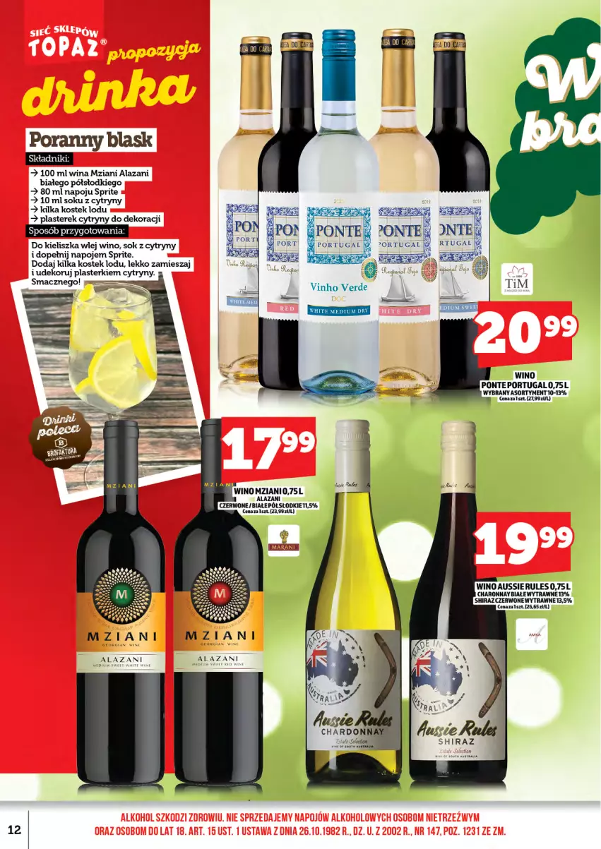Gazetka promocyjna Topaz - Gazetka - ważna 01.06 do 14.06.2026 - strona 14 - produkty: Cytryny, Napoje, Plasterki, Por, Shiraz, Sok, Sprite, Stek, Wino