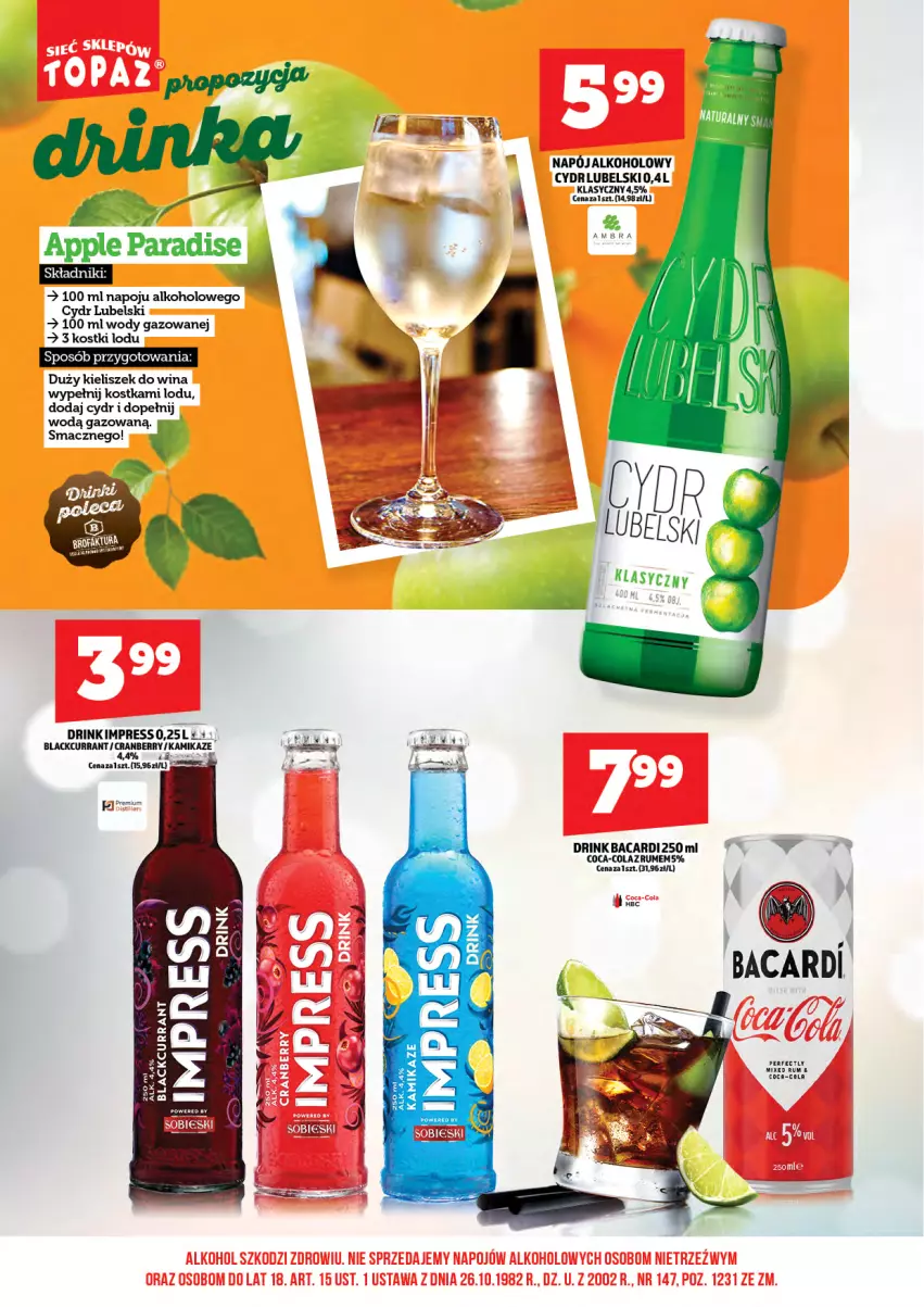 Gazetka promocyjna Topaz - Gazetka - ważna 01.06 do 14.06.2026 - strona 18 - produkty: Bacardi, Coca-Cola, Kieliszek, Lack, Napój, Rum