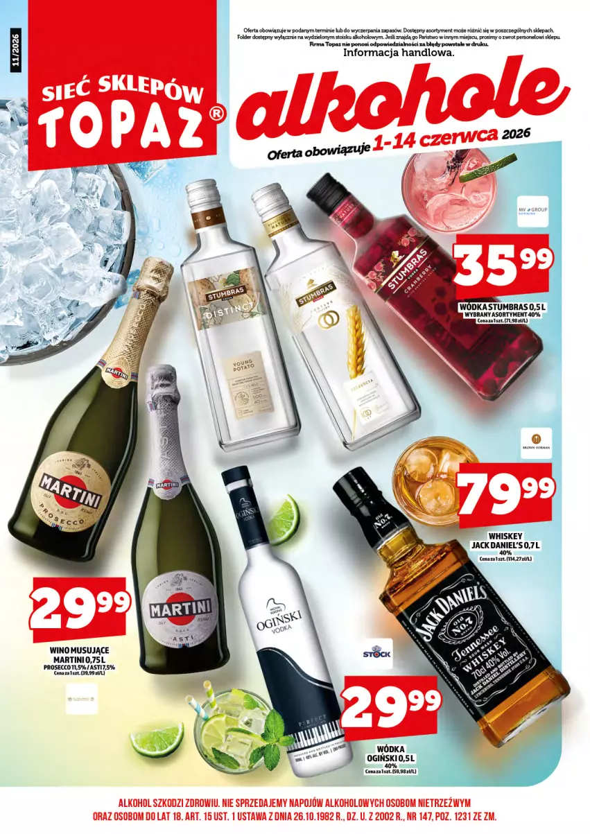 Gazetka promocyjna Topaz - Gazetka - ważna 01.06 do 14.06.2026 - strona 3 - produkty: Jack Daniel's, Martini, Mus, Ogiński, Prosecco, Top, Wino, Wino musujące, Wódka