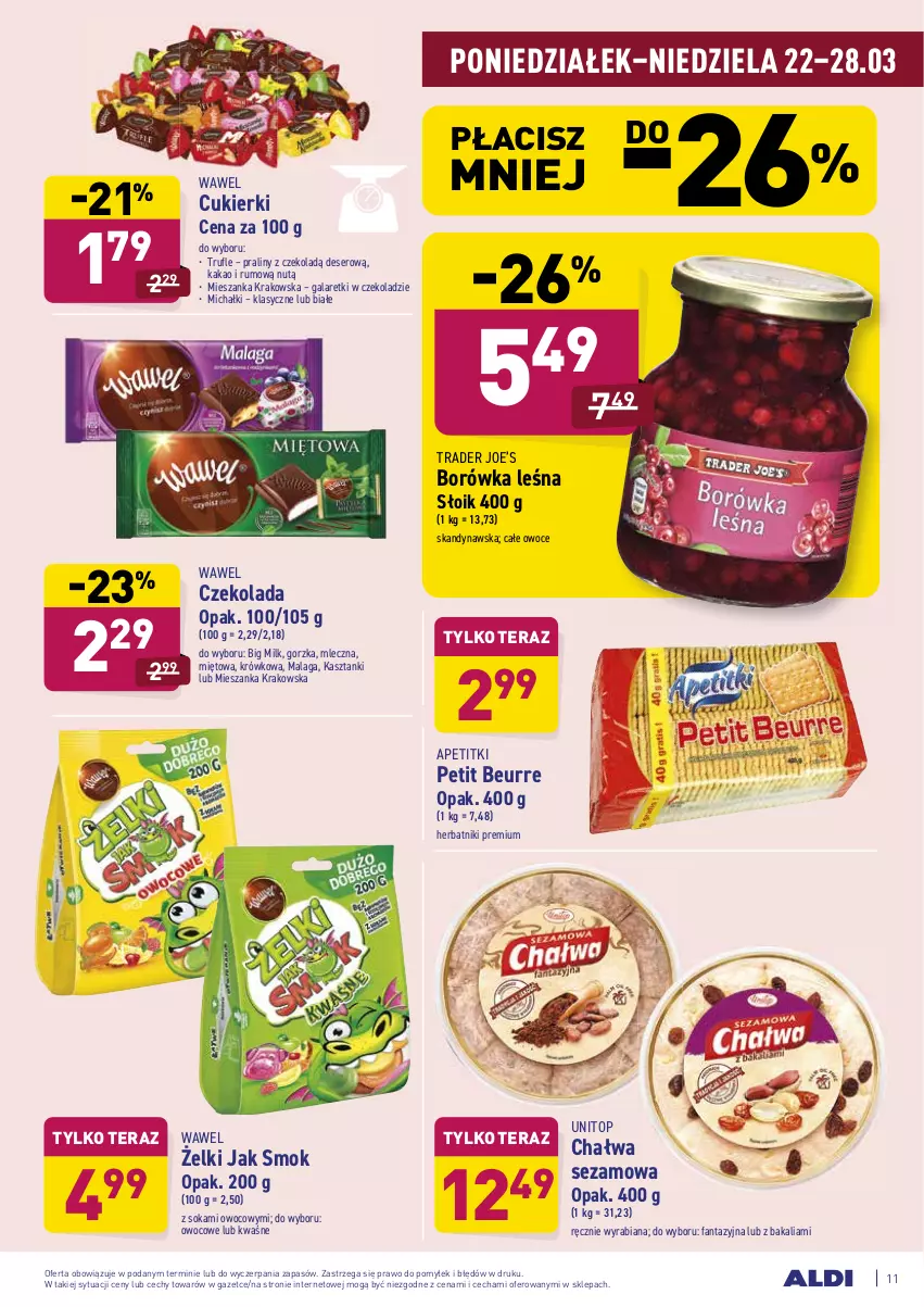 Gazetka promocyjna Aldi - ALE! CENA w ALDI - ważna 22.03 do 27.03.2021 - strona 11 - produkty: Big Milk, Borówka, Chałwa, Cukier, Cukierki, Czekolada, Deser, Fa, Fanta, Gala, Galaretki, Herbatniki, Kakao, Michałki, Owoce, Praliny, Rum, Ser, Sezam, Sok, Tera, Top, Wawel