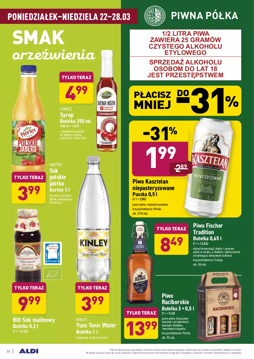 Gazetka promocyjna Aldi - ALE! CENA w ALDI - ważna 22.03 do 27.03.2021 - strona 24 - produkty: Dzika róża, Gin, Gra, Hortex, Kasztelan, Piwa, Piwo, Półka, Róża, Sok, Syrop, Tera