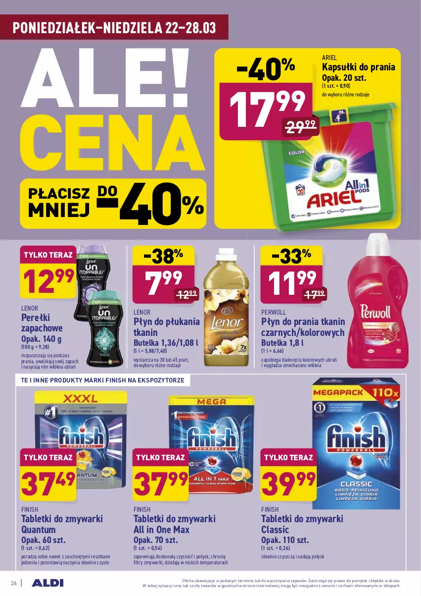 Gazetka promocyjna Aldi - ALE! CENA w ALDI - ważna 22.03 do 27.03.2021 - strona 26 - produkty: Ariel, Finish, Kapsułki do prania, Lenor, Perełki zapachowe, Perwoll, Płyn do płukania, Płyn do prania, Por, Tablet, Tabletki do zmywarki, Tera, Zmywarki