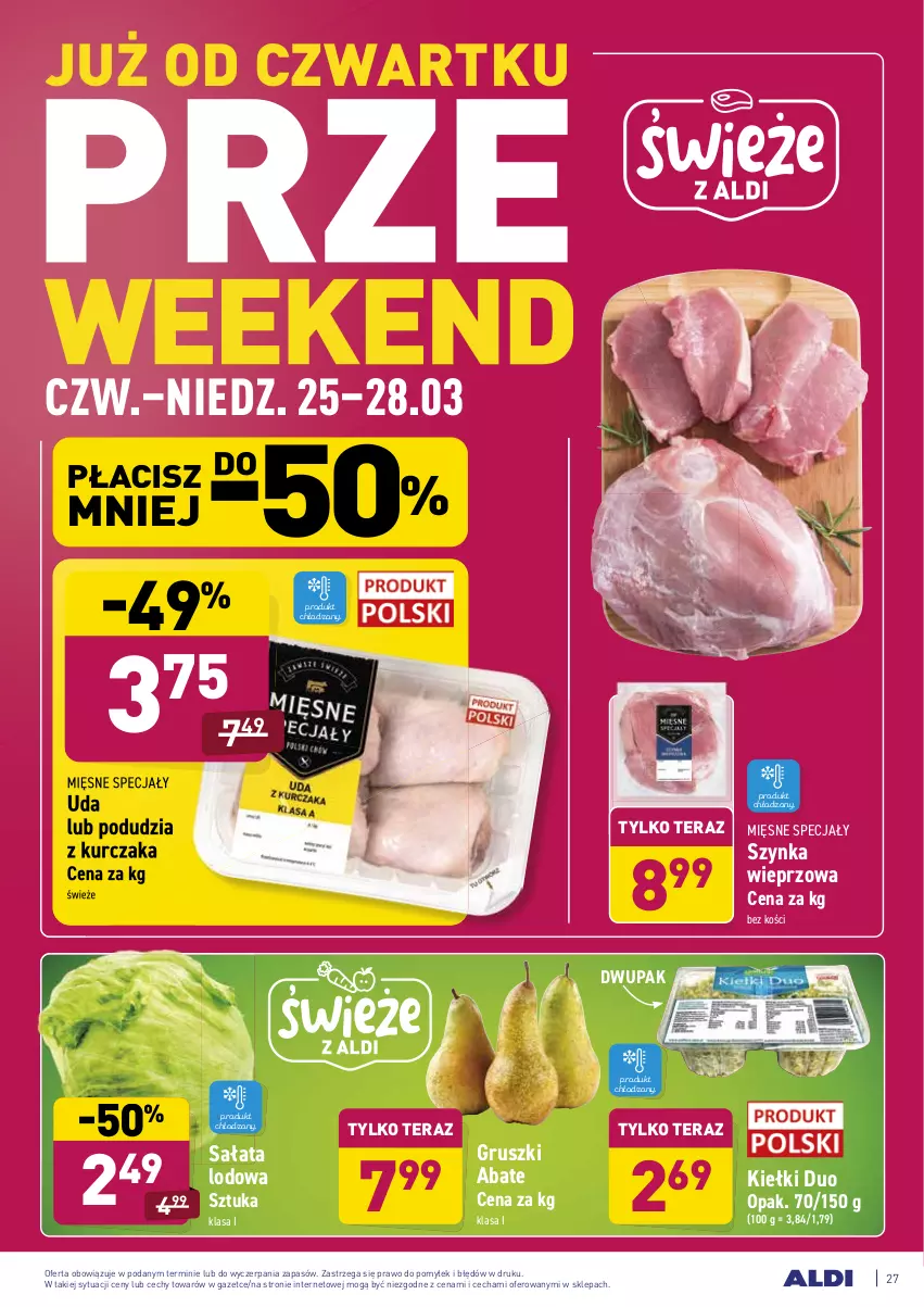 Gazetka promocyjna Aldi - ALE! CENA w ALDI - ważna 22.03 do 27.03.2021 - strona 27 - produkty: Gruszki, Kiełki, Kurczak, Mięsne specjały, Sałat, Sałata lodowa, Szynka, Szynka wieprzowa, Tera