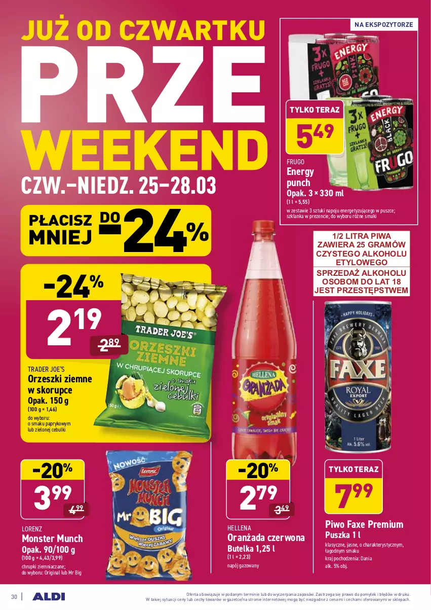 Gazetka promocyjna Aldi - ALE! CENA w ALDI - ważna 22.03 do 27.03.2021 - strona 30 - produkty: Chrupki, Fa, Gin, Gra, Hellena, Lorenz, Monster Munch, Napój, Napój gazowany, Oranżada, Orzeszki, Orzeszki ziemne, Piwa, Piwo, Szklanka, Tera