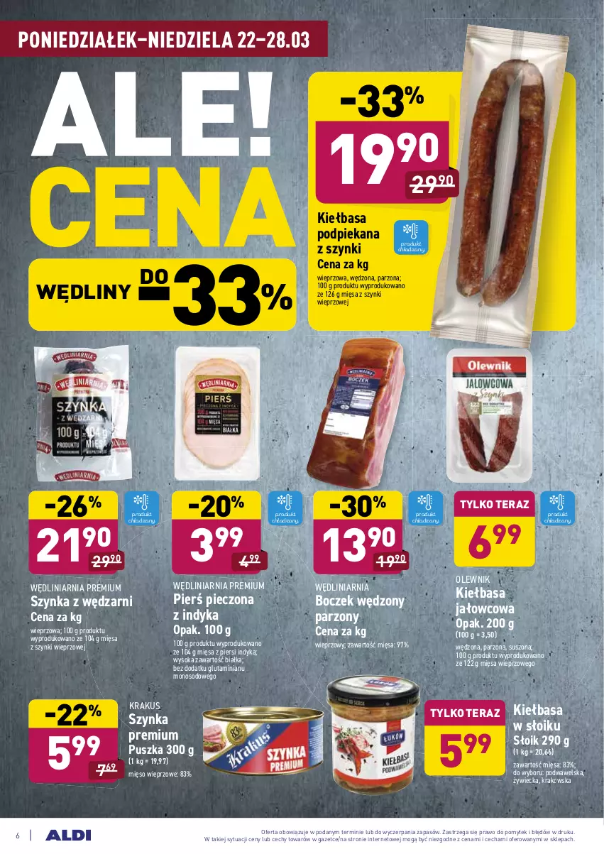 Gazetka promocyjna Aldi - ALE! CENA w ALDI - ważna 22.03 do 27.03.2021 - strona 6 - produkty: Boczek, Kiełbasa, Krakus, Mięso, Mięso wieprzowe, Olewnik, Piec, Sok, Szynka, Szynka premium, Tera, Wawel