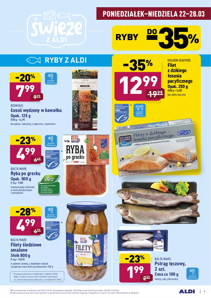 Gazetka promocyjna Aldi - ALE! CENA w ALDI - ważna 22.03 do 27.03.2021 - strona 9 - produkty: Balta Mare, Golden Seafood, Kawa, Owoce, Owoce morza, Pieprz, Płaty śledziowe, Pstrąg, Pstrąg tęczowy, Ryba, Ryba po grecku, Ryby i owoce morza, Ser, Sos, Warzywa