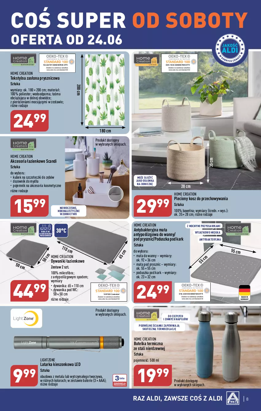 Gazetka promocyjna Aldi - COŚ do domu i nie tylko - ważna 21.06 do 24.06.2023 - strona 8 - produkty: Dozownik, Dywan, Dywanik, Kosz, Kubek, Kubek na szczoteczki do zębów, Latarka, Osłonka, Poduszka, Poduszka pod kark, Pojemnik, Por, Tarka, Wełna, Zasłona, Zasłona prysznicowa