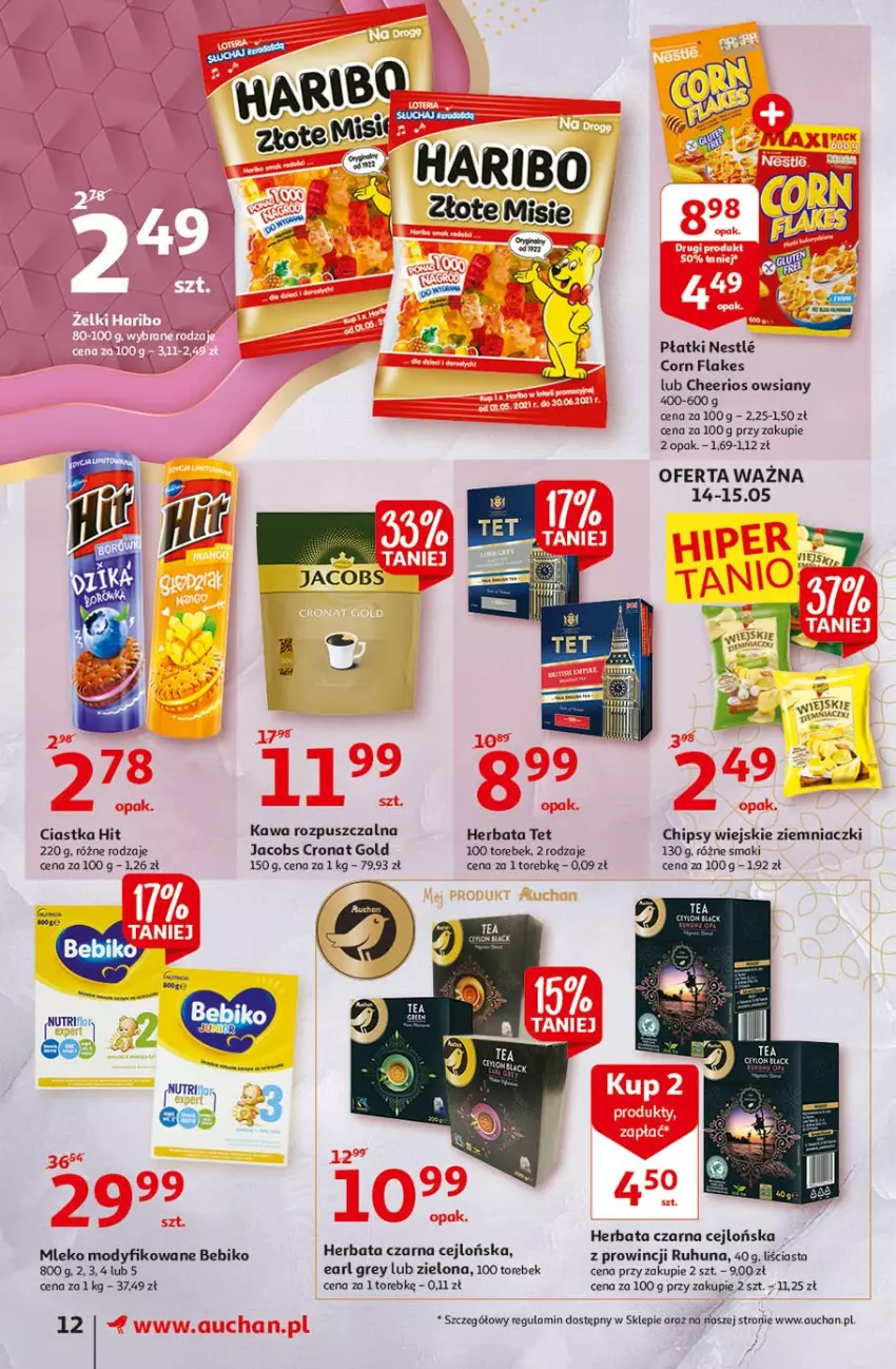 Gazetka promocyjna Auchan - 25 Urodziny #4 Supermarkety - ważna 14.05 do 21.05.2021 - strona 12 - produkty: Bebiko, Cheerios, Chipsy, Ciastka, Corn flakes, Earl Grey, Herbata, Herbata czarna, Jacobs, Kawa, Kawa rozpuszczalna, Lack, Mleko, Mleko modyfikowane, UHU