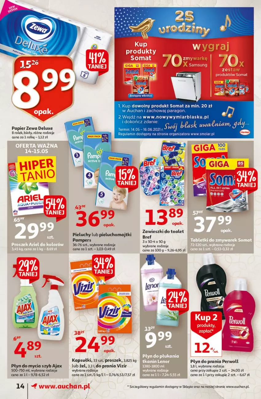 Gazetka promocyjna Auchan - 25 Urodziny #4 Supermarkety - ważna 14.05 do 21.05.2021 - strona 14 - produkty: Ajax, Bref, Majtki, Mola, Pampers, Papier, Perwoll, Pieluchomajtki, Pieluchy, Płyn do mycia, Płyn do prania, Somat, Vizir, Zawieszki