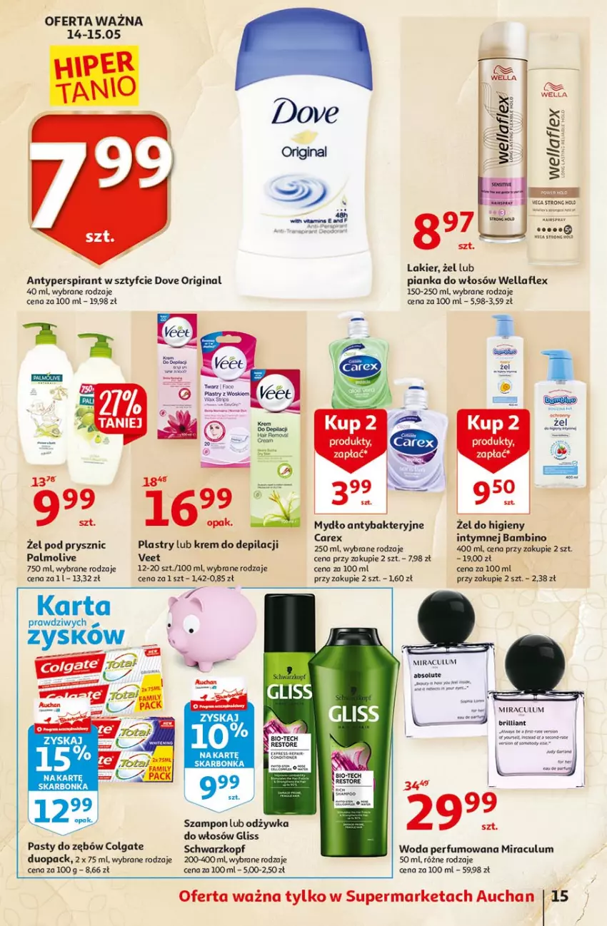 Gazetka promocyjna Auchan - 25 Urodziny #4 Supermarkety - ważna 14.05 do 21.05.2021 - strona 15 - produkty: Absolut, Antyperspirant, Colgate, Dove, Fa, Gin, Krem do depilacji, Lakier, LG, Mydło, Odżywka, Palmolive, Perfum, Pianka do włosów, Schwarzkopf, Szampon, Veet, Wella, Wellaflex, Woda, Woda perfumowana