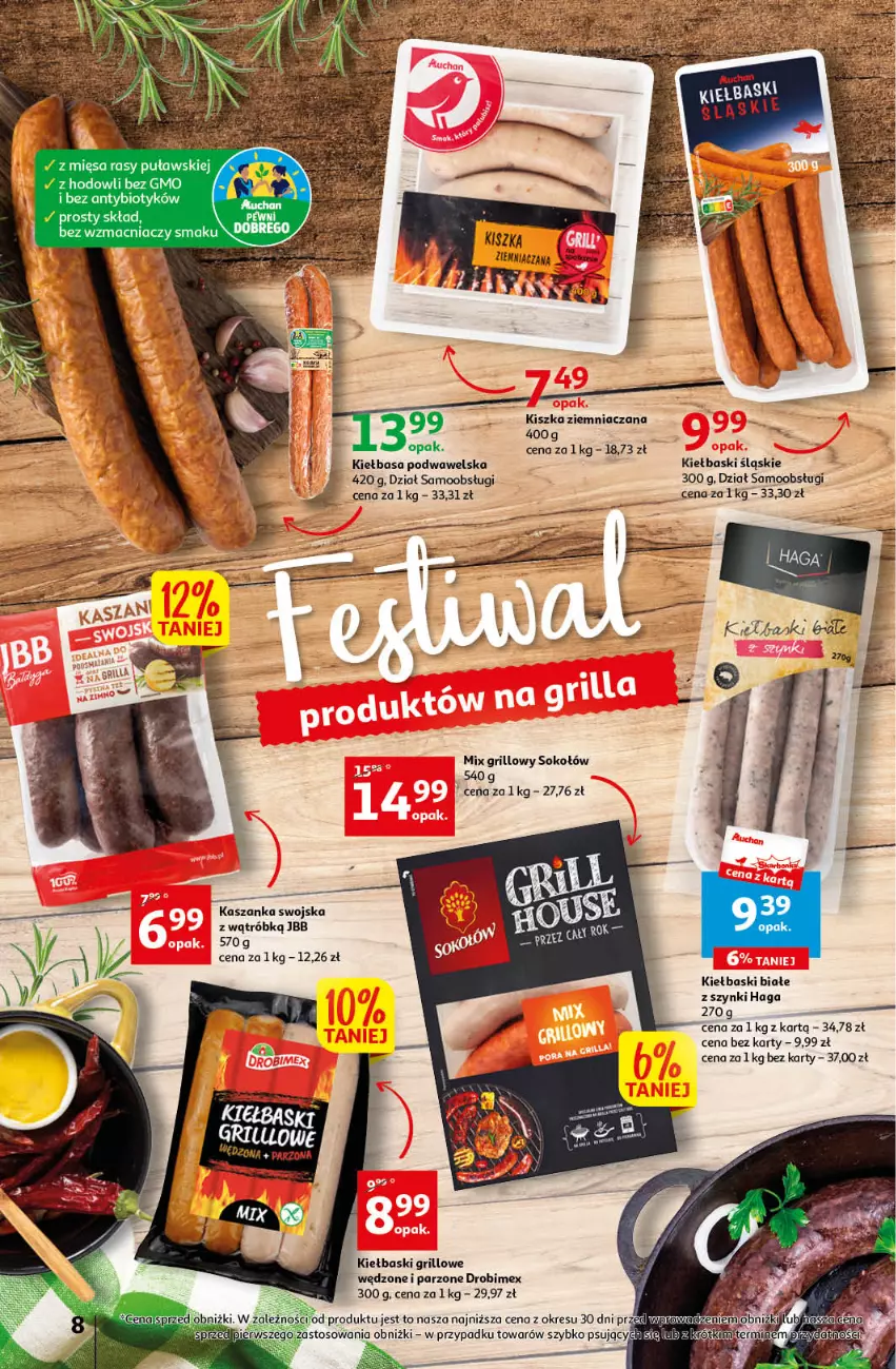 Gazetka promocyjna Auchan - Gazetka Sezon na relaks Hipermarket Auchan - ważna 01.06 do 07.06.2023 - strona 8 - produkty: Drobimex, Grill, Kasza, Kaszanka, Kiełbasa, Kiełbasa podwawelska, Kiełbaski białe, Kiełbaski śląskie, Sok, Sokołów, Wawel