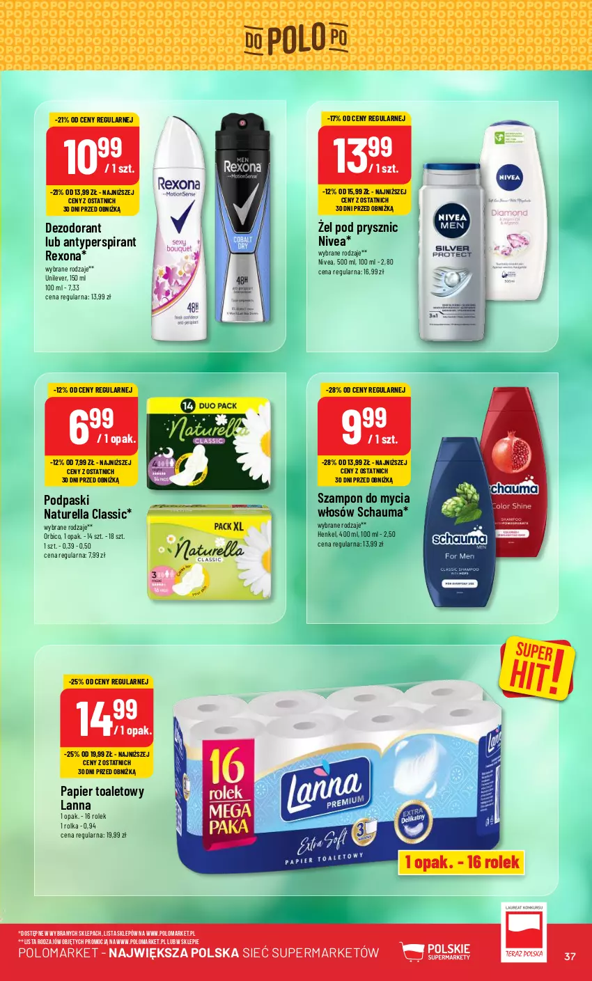 Gazetka promocyjna PoloMarket - Gazetka pomocyjna - ważna 15.05 do 21.05.2024 - strona 37 - produkty: Antyperspirant, BIC, Dezodorant, Naturell, Naturella, Nivea, Papier, Papier toaletowy, Podpaski, Rexona, Schauma, Szampon