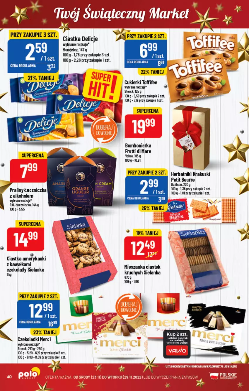 Gazetka promocyjna PoloMarket - Gazetka pomocyjna - ważna 23.11 do 29.11.2022 - strona 40 - produkty: Alkohole, Ciastka, Cukier, Cukierki, Delicje, Fa, Kawa, Merci, Stek, Toffifee, Znicz