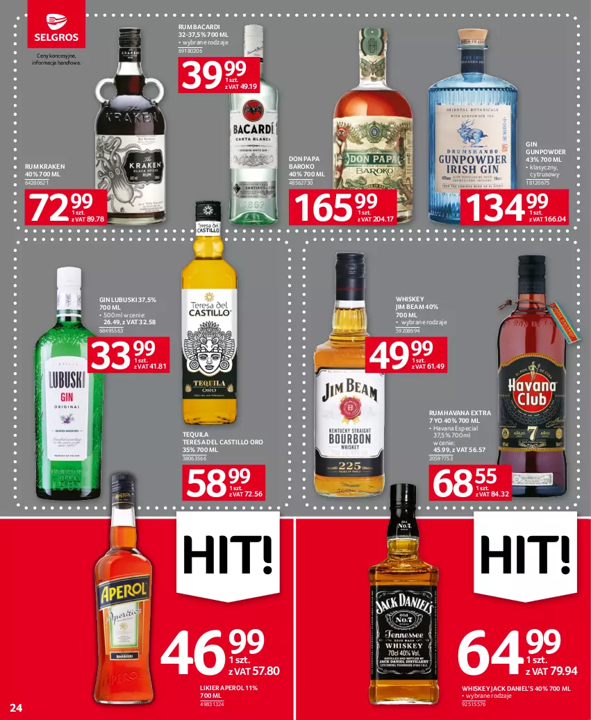 Gazetka promocyjna Selgros - Oferta spożywcza - ważna 13.07 do 26.07.2023 - strona 24 - produkty: Aperol, Bacardi, Gin, Jim Beam, Likier, Rum, Tequila, Whiskey