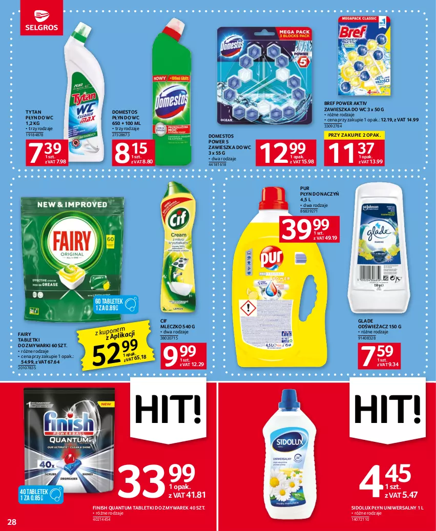 Gazetka promocyjna Selgros - Oferta spożywcza - ważna 13.07 do 26.07.2023 - strona 28 - produkty: Bref, Cif, Domestos, Fa, Fairy, Finish, Mleczko, Płyn do wc, Pur, Sidolux, Tablet, Tabletki do zmywarki, Tytan, Zawieszka do wc, Zmywarki