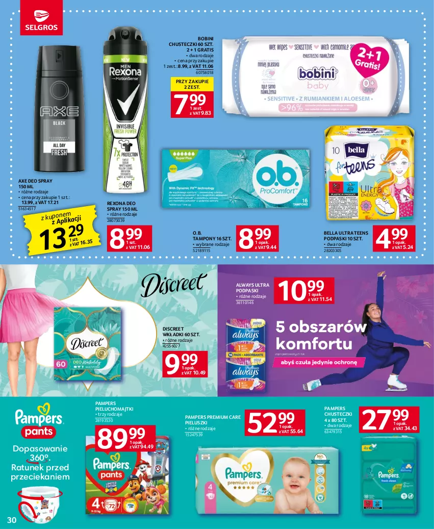 Gazetka promocyjna Selgros - Oferta spożywcza - ważna 13.07 do 26.07.2023 - strona 30 - produkty: Always, Always Ultra, Bell, Bella, Chusteczki, Discreet, Gra, Majtki, O.B., Pampers, Pieluchomajtki, Podpaski, Rexona, Tampony, Wkładki