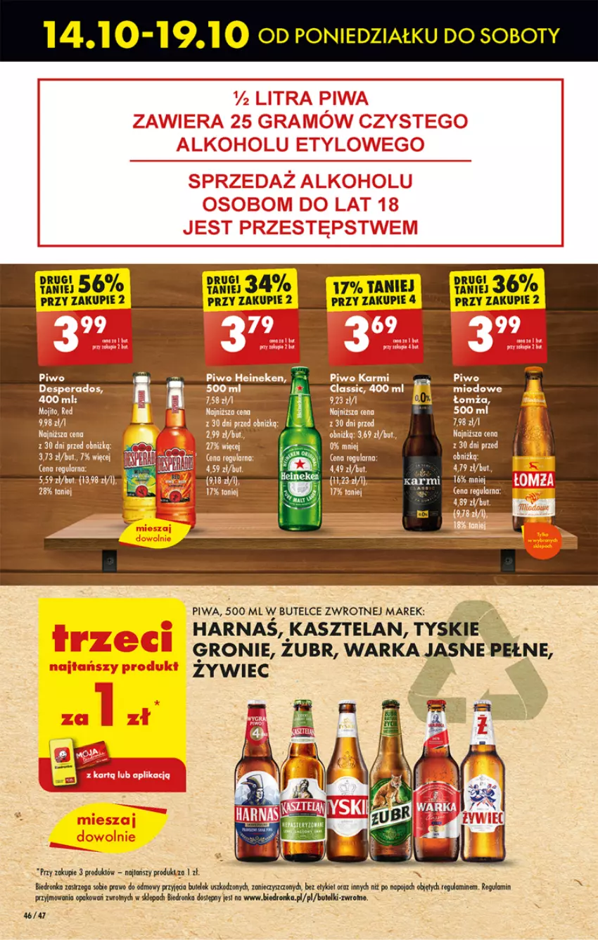 Gazetka promocyjna Biedronka - Od poniedzialku - ważna 14.10 do 19.10.2024 - strona 56 - produkty: Desperados, Dron, Harnaś, Kasztelan, Piwa, Piwo, Tyskie, Warka