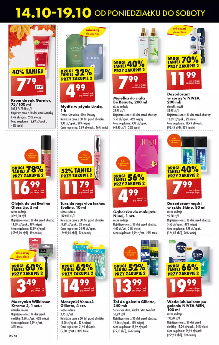 Gazetka promocyjna Biedronka - Od poniedzialku - ważna 14.10 do 19.10.2024 - strona 64 - produkty: Balsam po goleniu, Be Be, Dezodorant, Eveline, Garnier, Gillette, Krem do rąk, Mach3, Makijaż, Maszynka, Mydło, Mydło w płynie, Niuqi, Nivea, Nivea Men, Olej, Sati, Szynka, Tusz, Venus, Woda