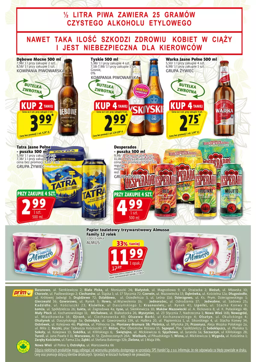 Gazetka promocyjna Prim Market - ważna 24.10 do 30.10.2024 - strona 16 - produkty: Desperados, Fa, Jednorożec, Kisiel, Koc, Mus, Mysz, Ogród, Olej, Papier, Papier toaletowy, Piątnica, Piwo, Róża, Sok, Sokół, Stock, Tatra, Tyskie, Warka