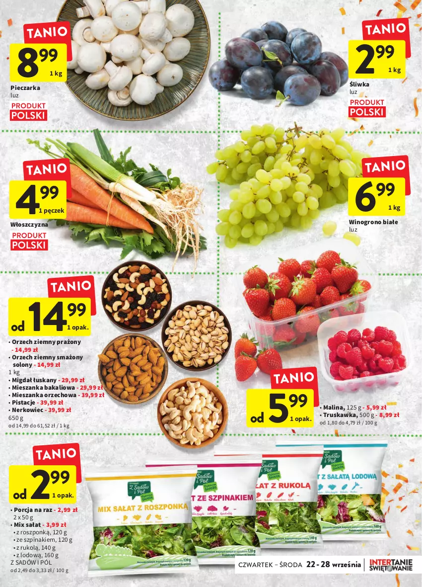 Gazetka promocyjna Intermarche - Gazetka Intermarche - ważna 22.09 do 28.09.2022 - strona 13 - produkty: Mieszanka bakaliowa, Mieszanka orzechowa, Piec, Pieczarka, Pistacje, Por, Sałat, Szpinak, Wino