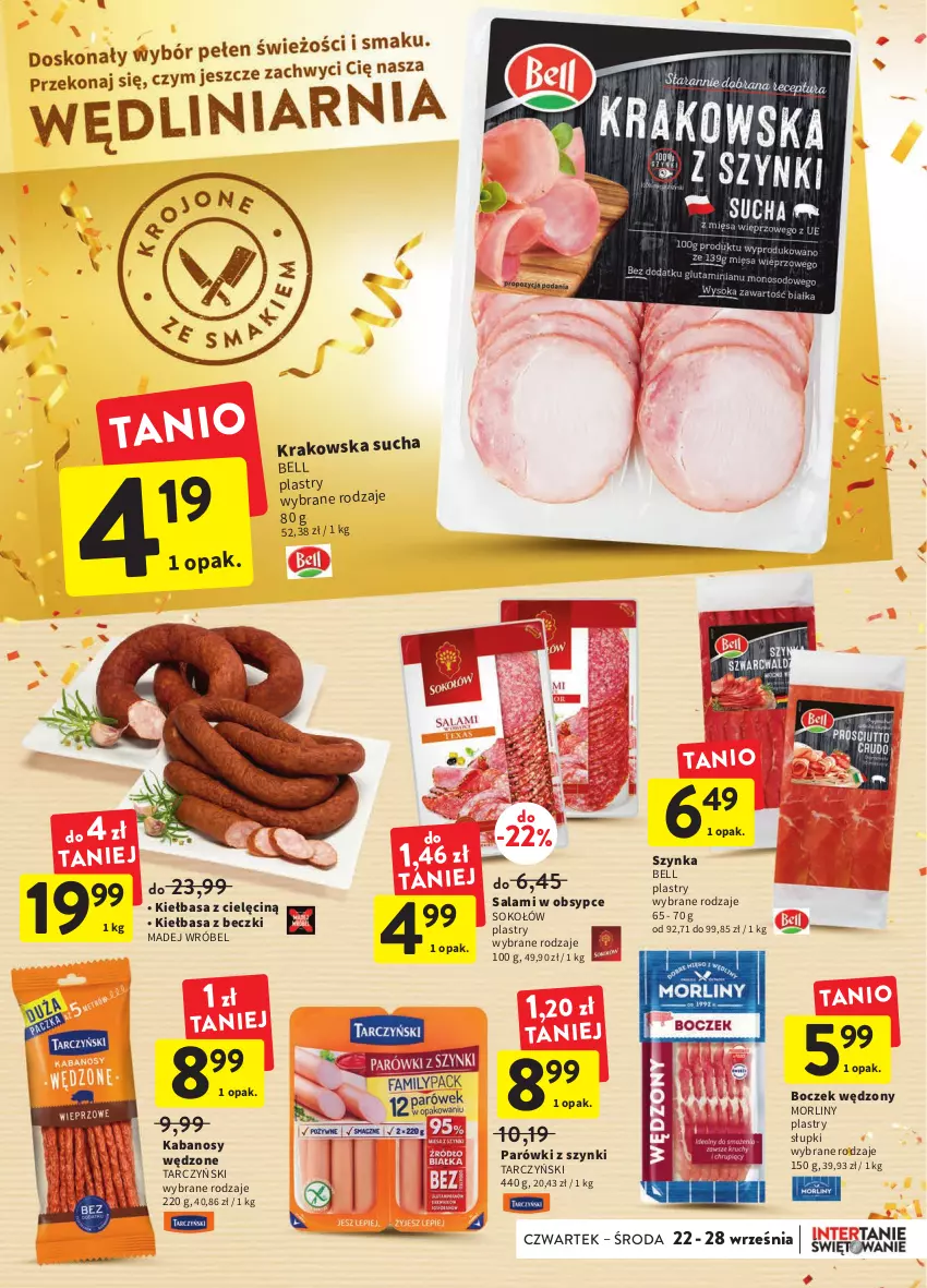 Gazetka promocyjna Intermarche - Gazetka Intermarche - ważna 22.09 do 28.09.2022 - strona 19 - produkty: Bell, Boczek, Kabanos, Kiełbasa, Madej Wróbel, Morliny, Parówki, Parówki z szynki, Salami, Sok, Sokołów, Szynka, Tarczyński