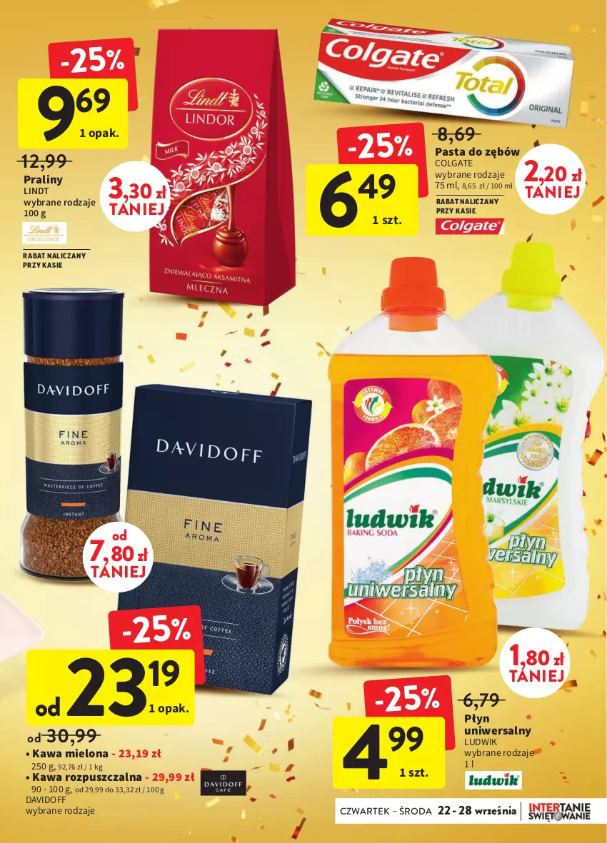 Gazetka promocyjna Intermarche - Gazetka Intermarche - ważna 22.09 do 28.09.2022 - strona 7 - produkty: Colgate, Davidoff, Kawa, Kawa mielona, Kawa rozpuszczalna, LG, Lindt, Ludwik, Pasta do zębów, Praliny