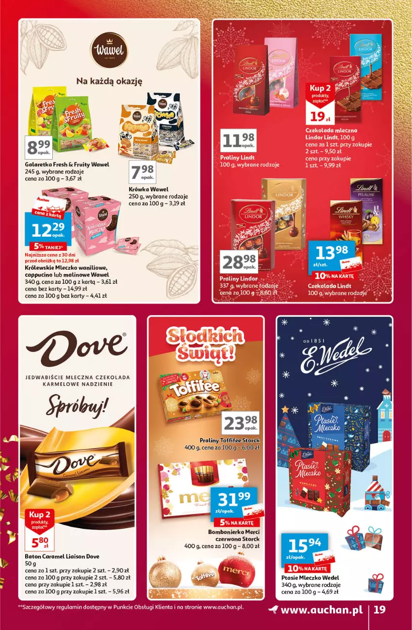 Gazetka promocyjna Auchan - Znane Marki Lubiane Hipermarket Auchan - ważna 30.11 do 09.12.2023 - strona 19 - produkty: Baton, Czekolada, Dove, Gala, Galaretka, Królewski, Królewskie Mleczko, Merci, Mleczko, Praliny, Ptasie mleczko, Toffifee, Wawel