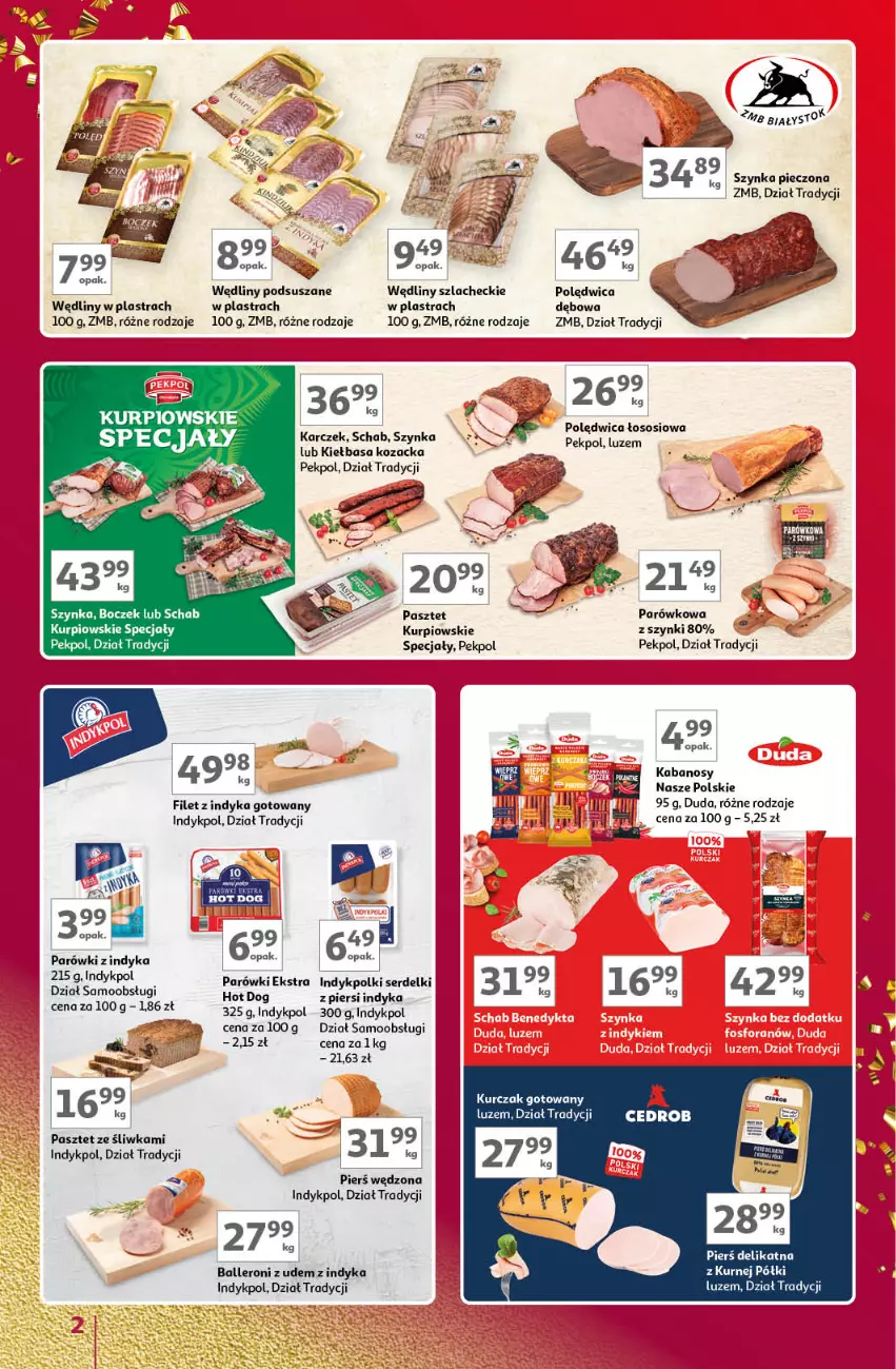 Gazetka promocyjna Auchan - Znane Marki Lubiane Hipermarket Auchan - ważna 30.11 do 09.12.2023 - strona 2 - produkty: Boczek, Duda, Hot dog, Kabanos, Kiełbasa, Kurczak, Kurczak gotowany, Parówki, Parówki z indyka, Pasztet, Pekpol, Piec, Polędwica, Ser, Serdelki, Sos, Szynka