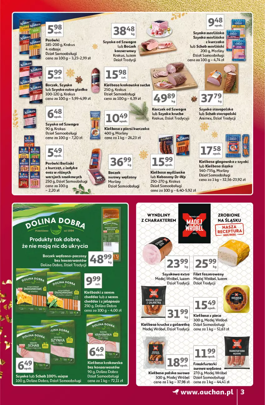 Gazetka promocyjna Auchan - Znane Marki Lubiane Hipermarket Auchan - ważna 30.11 do 09.12.2023 - strona 3 - produkty: Berlinki, Boczek, Cheddar, Danio, Fa, Frankfurterki, Gala, Gra, Kabanos, Kiełbasa, Kiełbasa krakowska, Kiełbasa krucha, Kiełbasa śląska, Kiełbasa z piersi kurczaka, Krakus, Kurczak, Madej Wróbel, Morliny, Parówki, Piec, Ser, Szynka