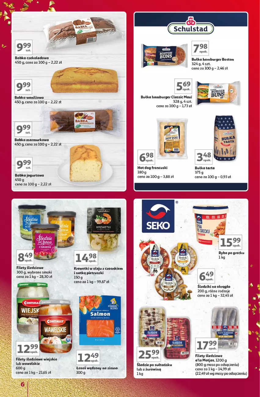 Gazetka promocyjna Auchan - Znane Marki Lubiane Hipermarket Auchan - ważna 30.11 do 09.12.2023 - strona 6 - produkty: Babka, Bułka, Bułka hamburger, Bułka tarta, Burger, Hamburger, Hot dog, Jogurt, Krewetki, Matjas, Olej, Ryba, Ryba po grecku, Tarta, Wawel