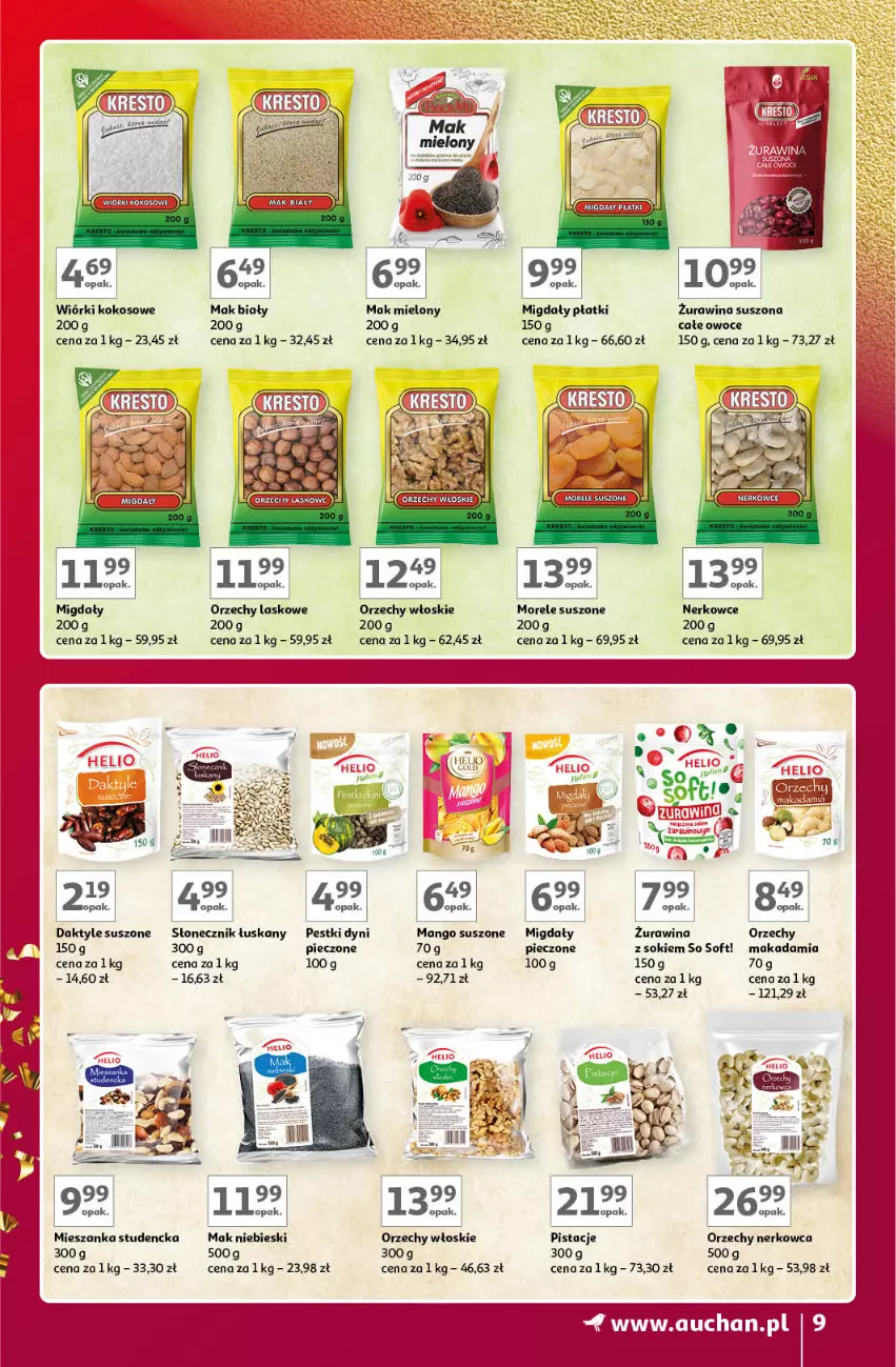 Gazetka promocyjna Auchan - Znane Marki Lubiane Hipermarket Auchan - ważna 30.11 do 09.12.2023 - strona 9 - produkty: Daktyle, Kokos, Mak mielony, Mango, Mango suszone, Mieszanka studencka, Migdały, Orzechy włoskie, Owoce, Pestki dyni, Piec, Sok, Wiórki kokosowe