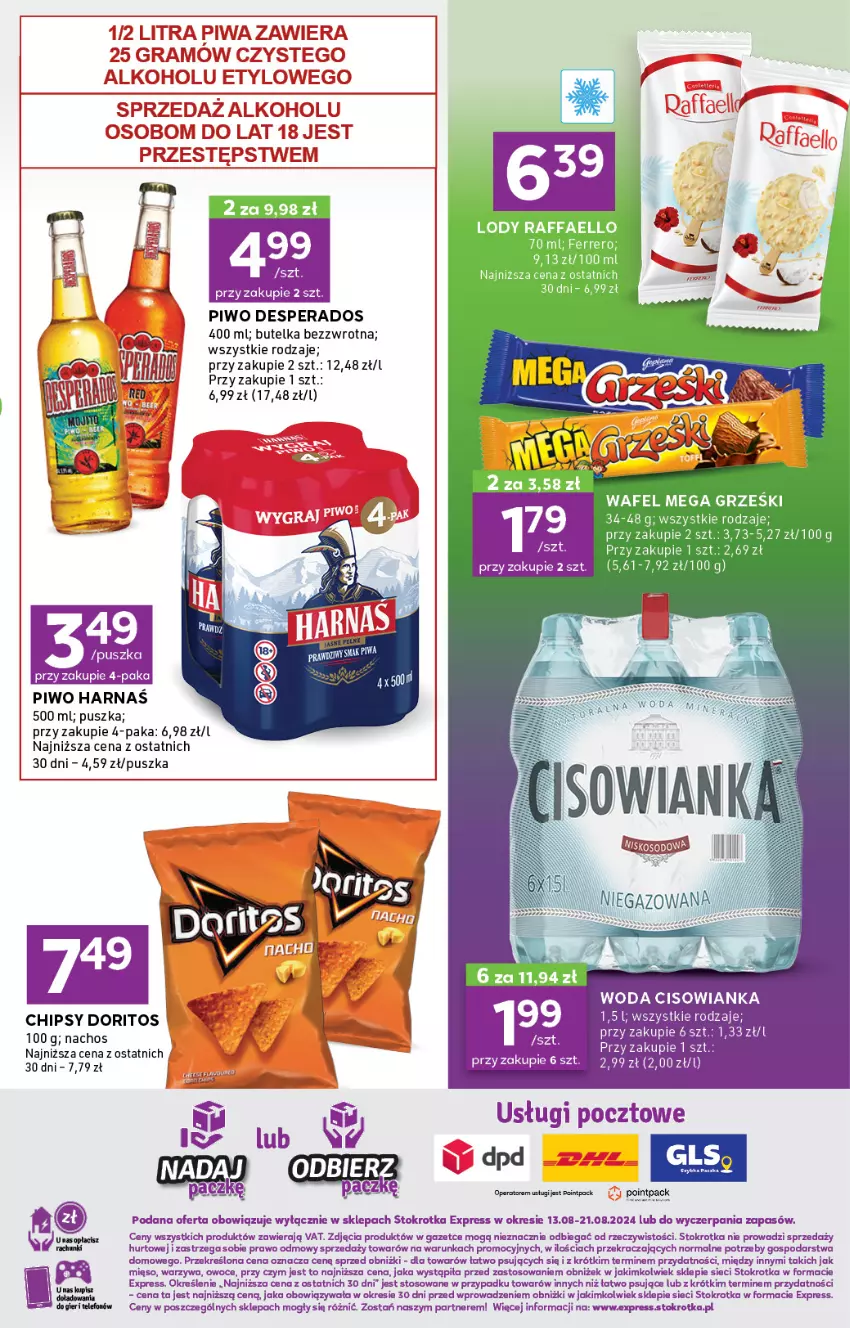 Gazetka promocyjna Stokrotka - Stokrotka Express - ważna 13.08 do 21.08.2024 - strona 3 - produkty: Chipsy, Cisowianka, Desperados, Fa, Ferrero, Harnaś, Lody, Owoce, Piwo, Raffaello, Warzywa, Woda