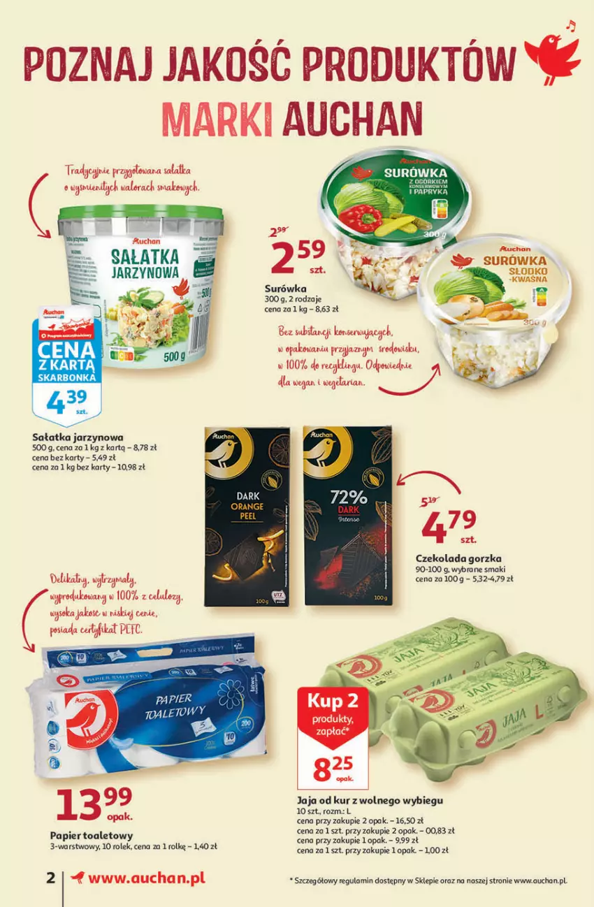 Gazetka promocyjna Auchan - przeNISKIE CENY przesmaczna Wielkanoc Supermarkety - ważna 07.04 do 16.04.2022 - strona 2 - produkty: Czekolada, Czekolada gorzka, Jaja, Papier, Papier toaletowy, Sałat, Sałatka, Surówka