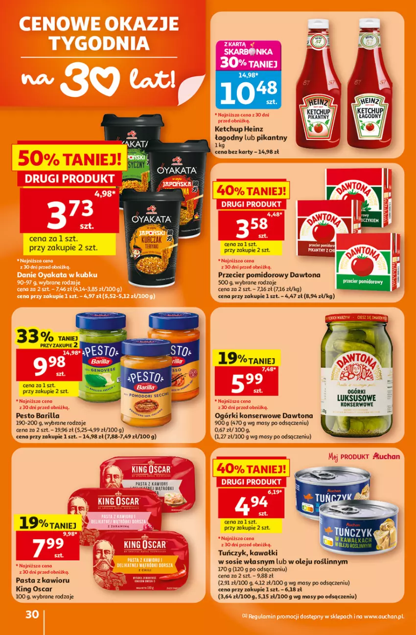 Gazetka promocyjna Auchan - Gazetka 30 Lat Hipermarket Auchan - ważna 25.06 do 01.07.2026 - strona 30 - produkty: Barilla, Dawtona, Heinz, Kawa, Kawior, Ketchup, Kurczak, Ogórki konserwowe, Olej, Pesto, Ser, Sos, Tuńczyk