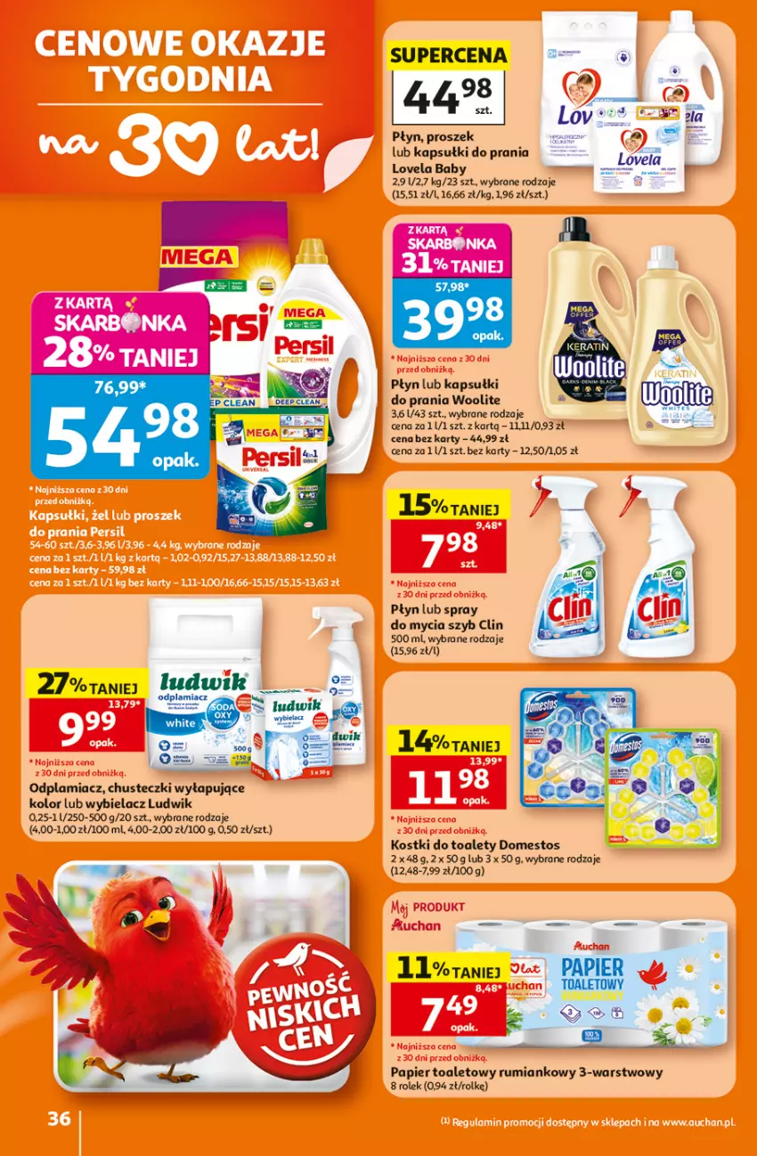 Gazetka promocyjna Auchan - Gazetka 30 Lat Hipermarket Auchan - ważna 25.06 do 01.07.2026 - strona 36 - produkty: Chusteczki, Clin, Domestos, Kapsułki do prania, Lovela, Ludwik, Odplamiacz, Papier, Papier toaletowy, Rum, Woolite
