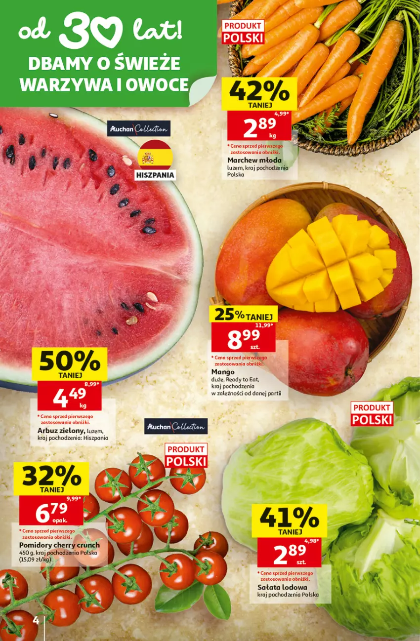Gazetka promocyjna Auchan - Gazetka 30 Lat Hipermarket Auchan - ważna 25.06 do 01.07.2026 - strona 4 - produkty: Arbuz, Mango, Owoce, Pomidory, Sałat, Sałata lodowa, Warzywa, Warzywa i owoce